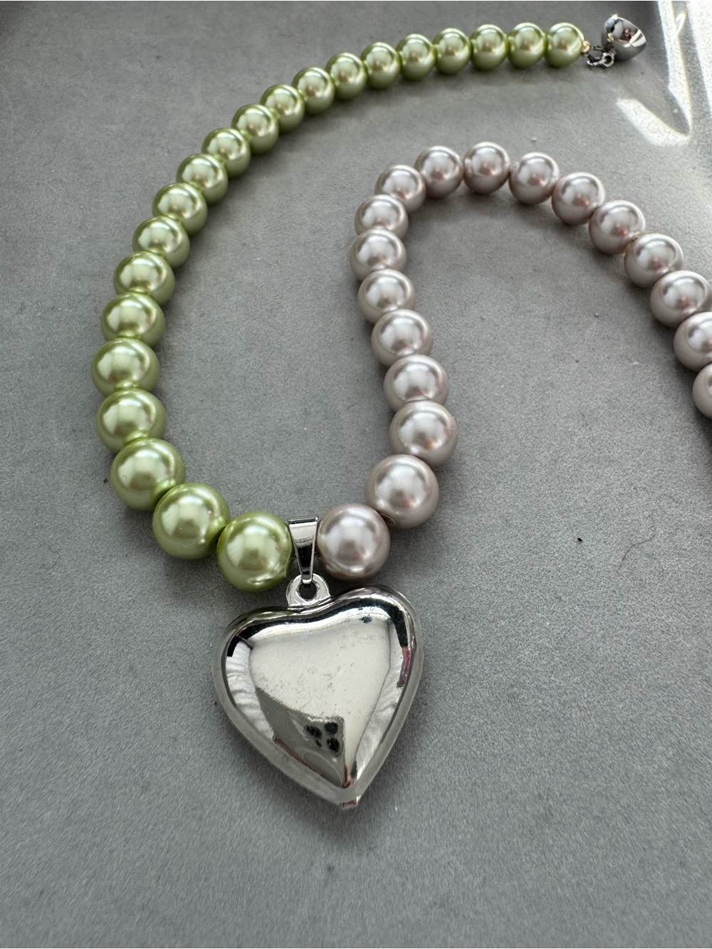 Pearl Heart Pendant Necklace - Green & Gray Pearls - Magnetic Clasp